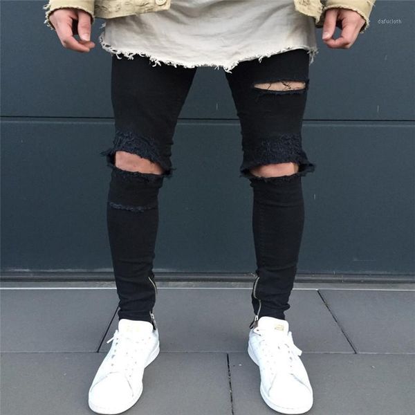 

men's biker pants fashion knee fold slim zipped ripped jeans1, Blue