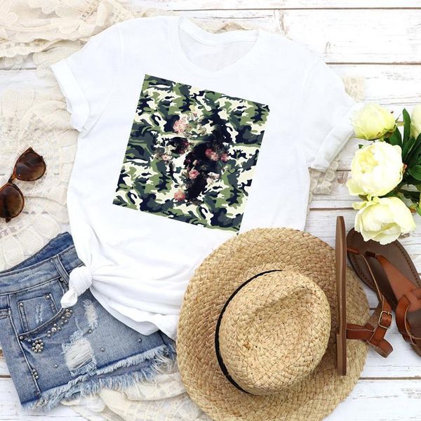 

women graphic lady fashion camouflage face 90s fashion horror skull tees print t shirt clothing female shirt womens t-shirt, White