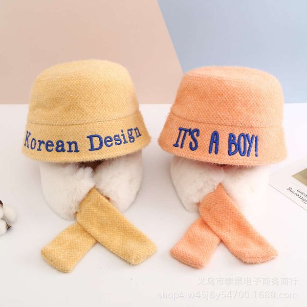 

children spring baby hat super cute girl fisherman autumn and winter scarf set warm han banchao, Red;brown