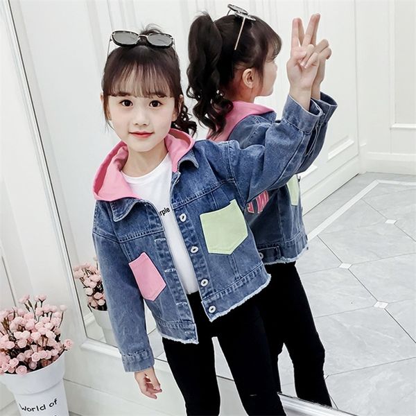 Kinder Denim Mädchen Jacken Kinder Langarm Hooed Tasche Patchwork Cowboy Mantel Teenager Mädchen Strickjacke Oberbekleidung Casual Jacke LJ201125