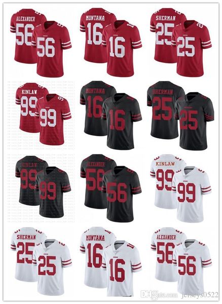 

men youth san francisco 49ers 16 joe montana 56 kwon alexander 99 javon kinlaw 25 richard sherman red white football jerseys, Black;red