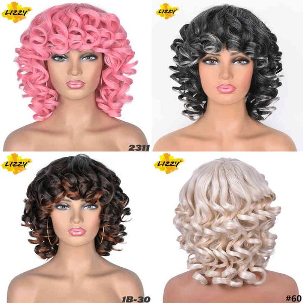 

hair short afro curly with bangs loose synthetic cosplay fluffy shoulder length natural for black women dark brown 14" 220301, Black;brown