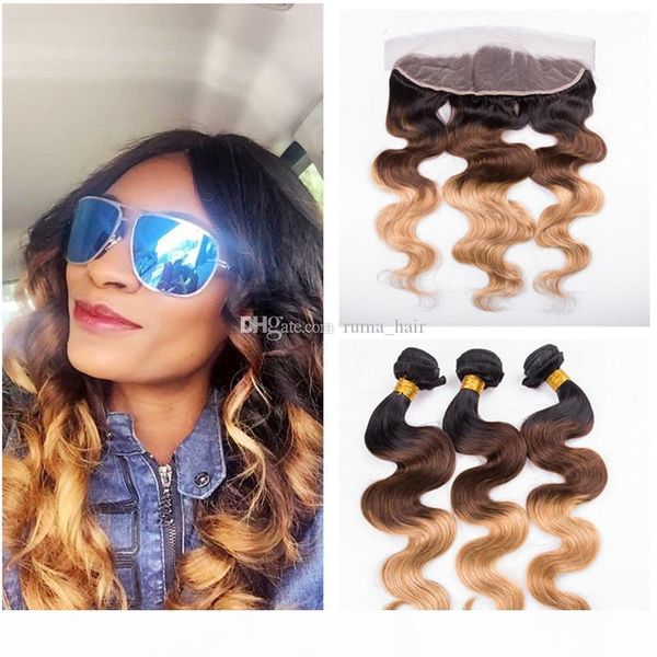 

human hair 3 bundles ombre brazilian body wave with part lace frontal t1b 4 27 black to brown blonde bundles with frontal, Black;brown