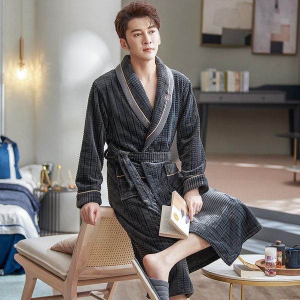 

men's sleepwear winter soft bathrobe men kimono flannel coral fleece homewear warm robes luxury homecoat long bath robe male dressing g, Black;brown