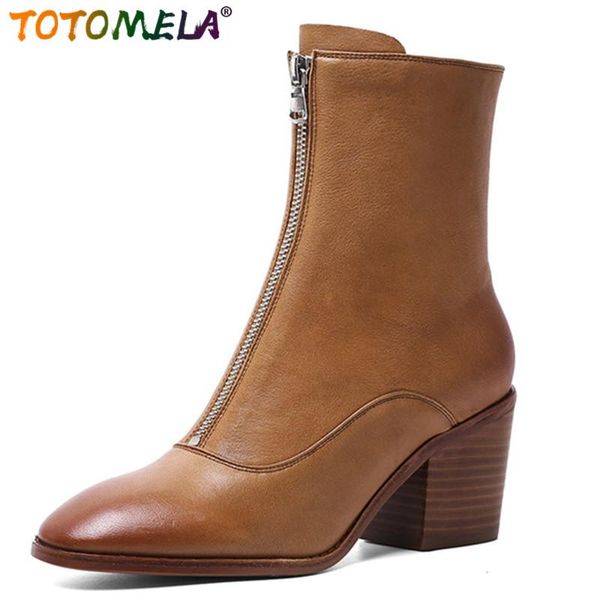 

boots totomela 2021 high heel women genuine leather shoes round toe zip casual ankle woman, Black