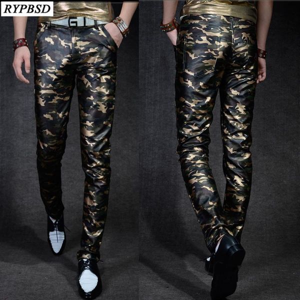 

men 's leather trousers slim fit camouflage pants men autumn new fashion casual pu faux leather pants, Black