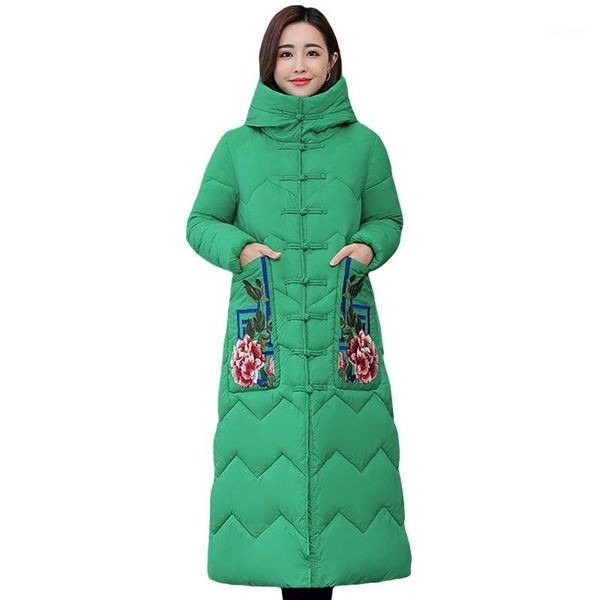 

plus size winter coat women long parkas hooded embroidered pocket warm casual winter down jacket women cotton padded ourwear1, Black