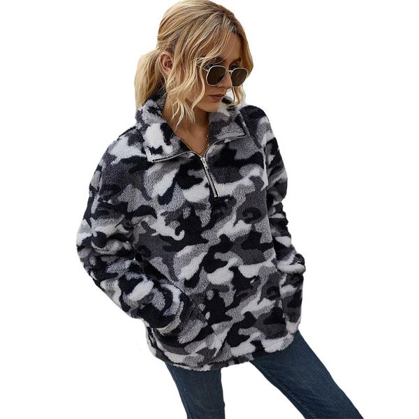 

casual plush sweater fleece ccamouflage print plaid lapel long sleeved pullover autumn winter ladies street loose thick sweaters, White;black