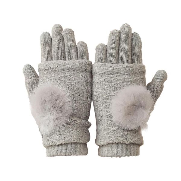 

winter women soft fur ball faux cashmere touch screen full fingers warm gloves, Blue;gray