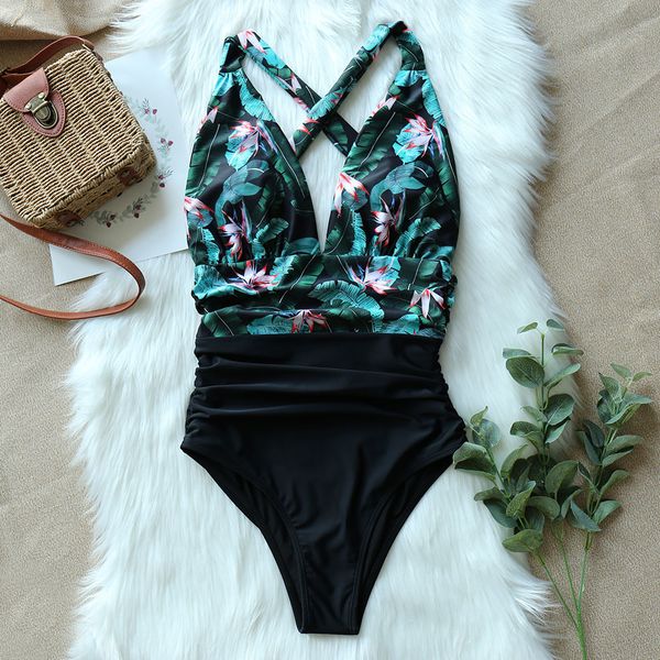 

one piece swimsuits female shoulder floral women swimwear push up bathing suits bodysuits beach wear ruffle monokini y200319, White;black