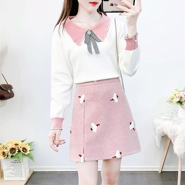 

мода осень зима вязать набор из двух частей сладкий бисероплетение bowknot пуловер свитер + мини шерсть юбка 2pcs наборы элегантный костюм ж, Gray