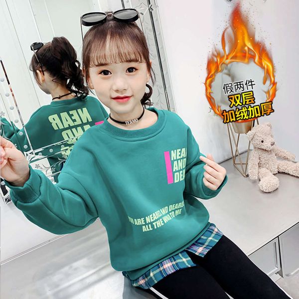 

new girls' plush sweater 2020 winter wear thickened base coat fake two middle and large children's loose fashion, Black