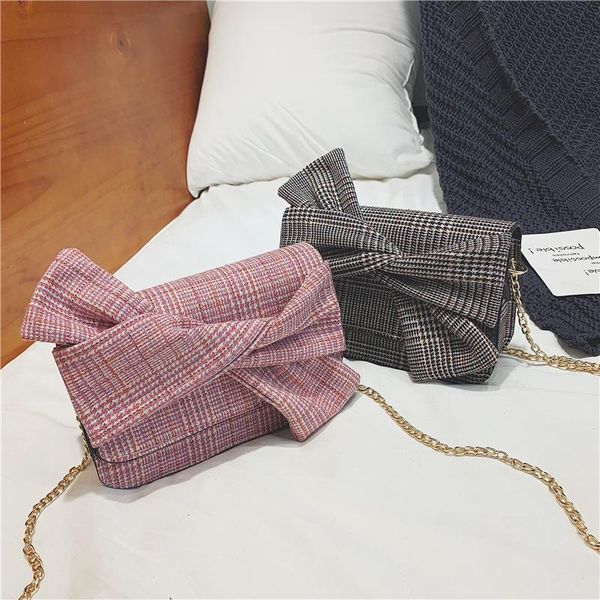 

fashion woman messenger bag cotton cover sweet plaid bow chain shoulder bag creative elegant ladies hand bags for women 2020
