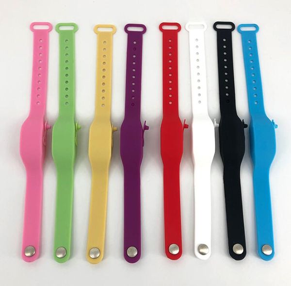 Bracciale disinfettante per le mani ricaricabile a 8 colori Braccialetti in silicone indossabili Braccialetti regolabili con dispenser vuoto con bottiglia da spremere