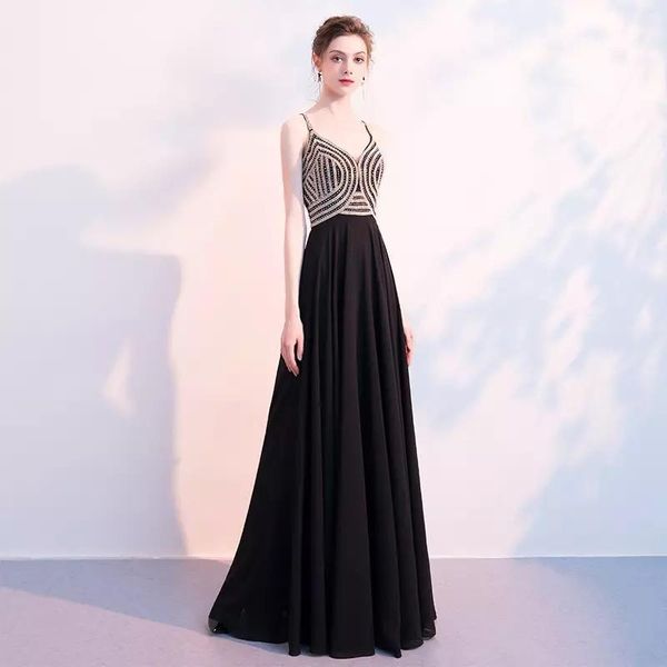 

2020 v neck sleeveless a line black chiffon prom dresses backless with beadings vestido de noche le407431, White;black