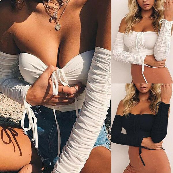 

ladies slim off the shoulder tee shirt short off shoulder t shirt 2020 ladies long sleeve t-shirts1, White