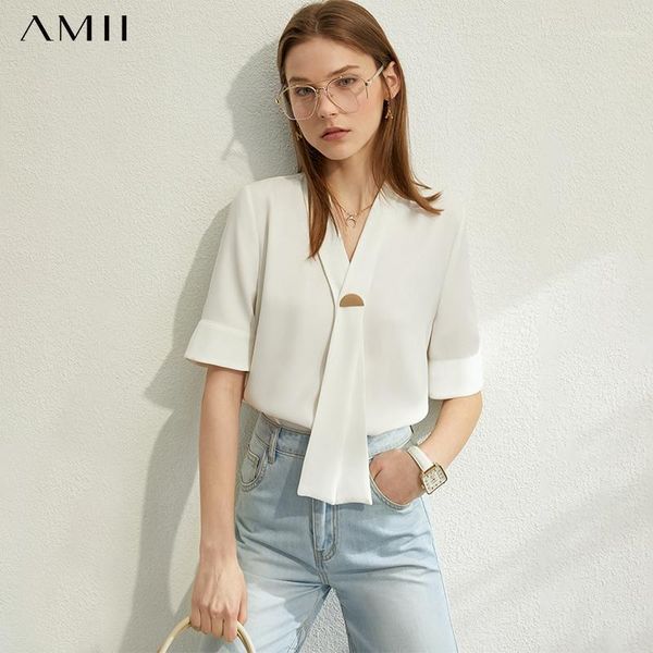 

amii minimalism spring summer new bow neck solid women causal short sleeves loose olstyle female blouse 120302261, White