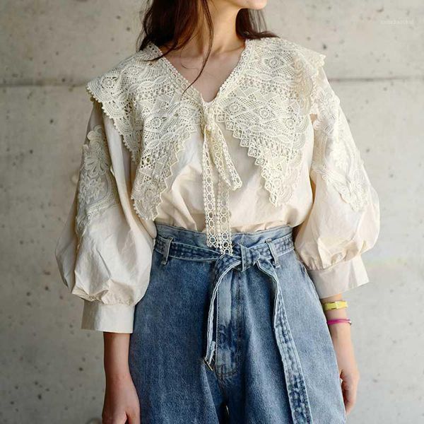 

gagarich korean heavy work embroidery hook flower blouse women doll collar pullover solid slim blusas puff long sleeve shirt1, White