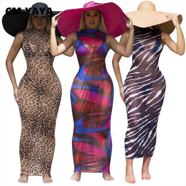 

cm.yaya leopard tie dye print mesh transparent womens midi maxi dress for beach summer sleeveless bodycon pencil long dresses, Black;gray