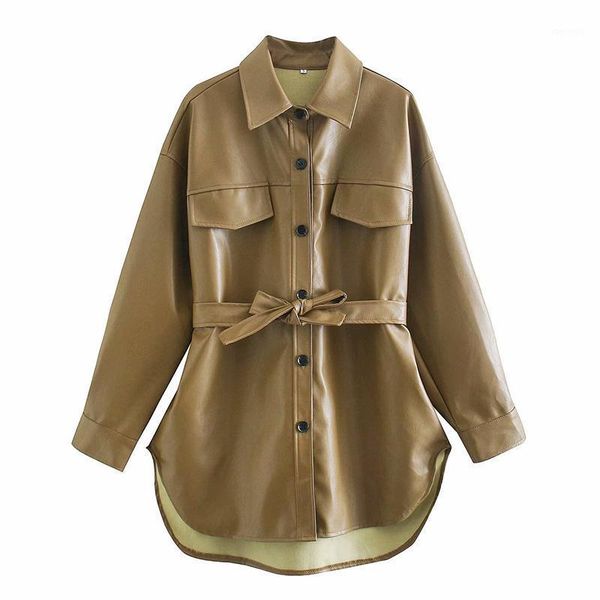 

ailegogo new spring women pu faux leather jacket with belt autumn female lapel single breasted loose coat streetwear outwear1, Black