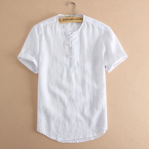 

chinese style summer mens 100% pure linen shirt mens retro short sleeve shirt chinese button round collar slim fit men pullover, White;black