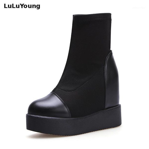 

boots women platform cloth, socks, high heels wedge ankle1, Black