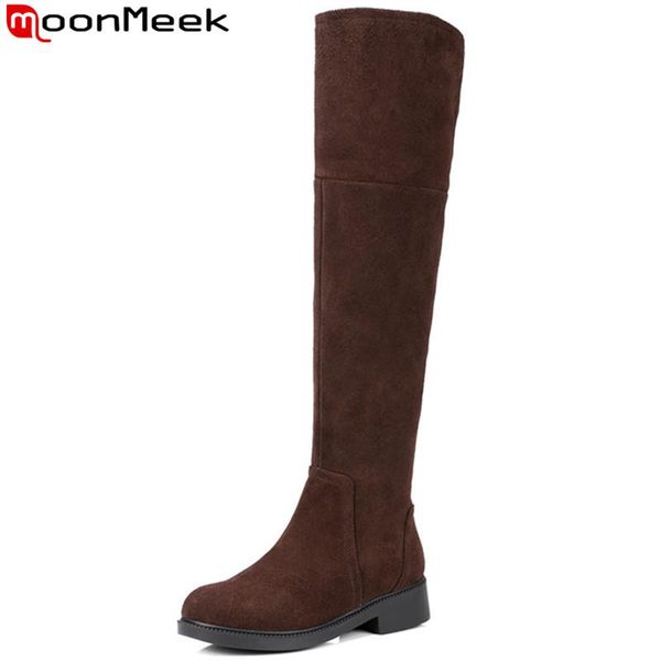 

moonmeek autumn winter boots round toe zip over the knee boots med heels ladies suede leather women 2020 new arrival, Black