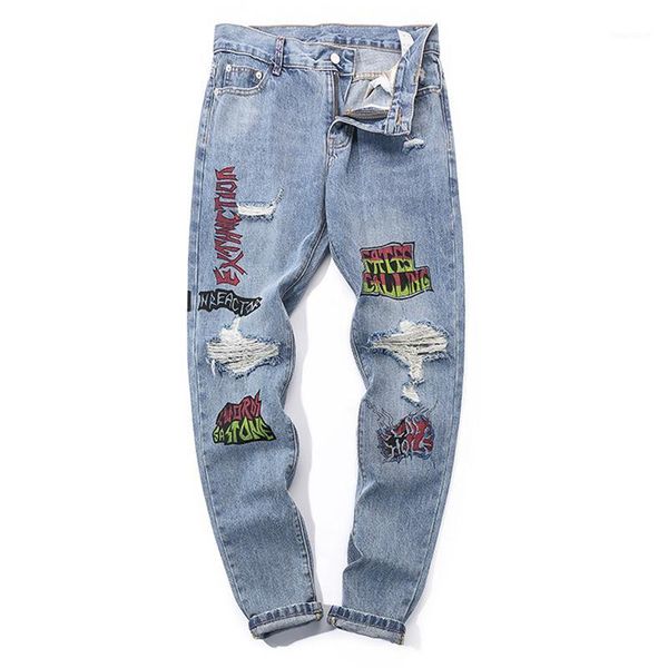 

blue biker jeans men reflective print hole hip hop denim pants mens vintage skinny jeans trousers men ripped streetwear1