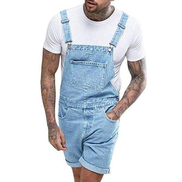 

mens bib denim overall shorts jean romper casual workout summer button jumpsuit, Blue