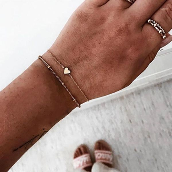

stylish simple heart shape 2-piece set bracelet gifts for women heart simple bracelet1, Golden;silver