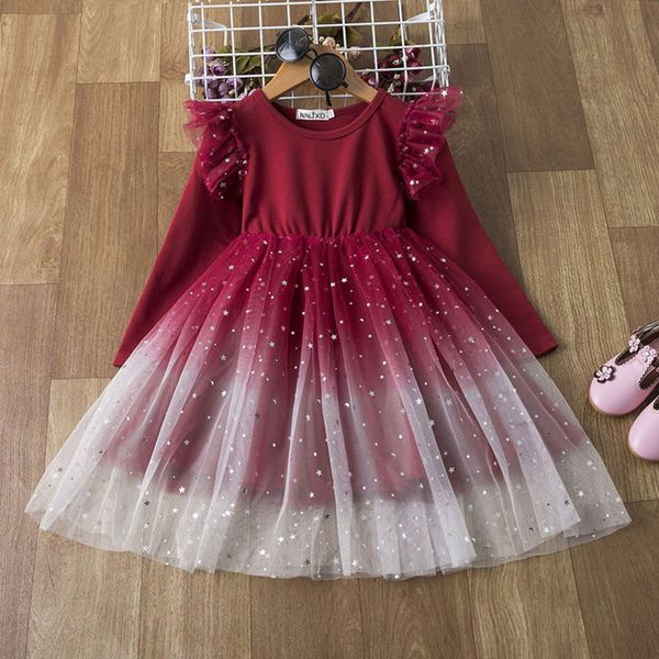 

children's autumn and winter in 2021 new korean girl's drs with gradually changing star net long sve princs skirt vi86, Red;yellow