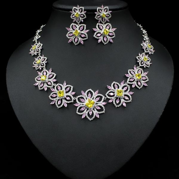 

2021new fashion romantic red pink flowers cz zircon necklace earring wedding dresssing banquet party birthday jewelry set, Silver