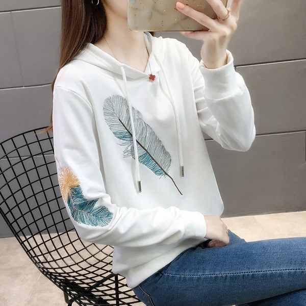 

0iaxo autumn 2020 embroidered korean style feather embroidery long sleeve hooded new sweater white sweater for women's loose casual f, Black