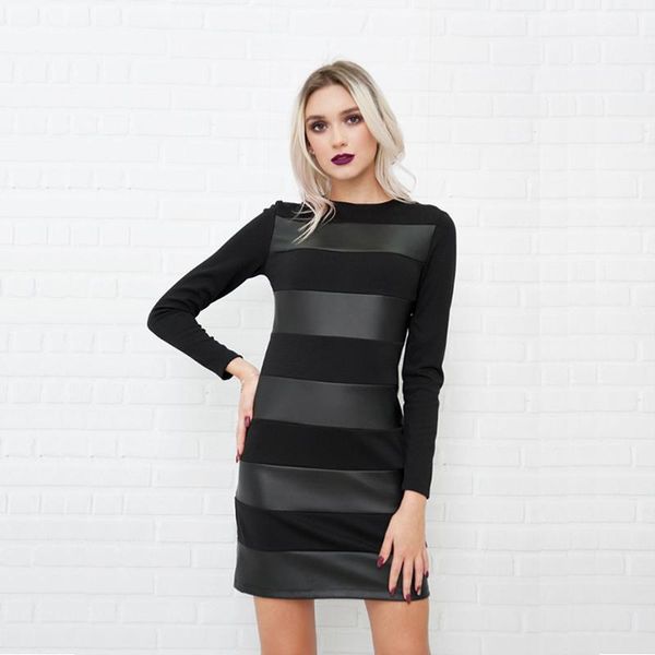 

casual dresses women leather patchwork sheath office dress long sleeve o neck solid mini 2021 winter fashion1, Black;gray