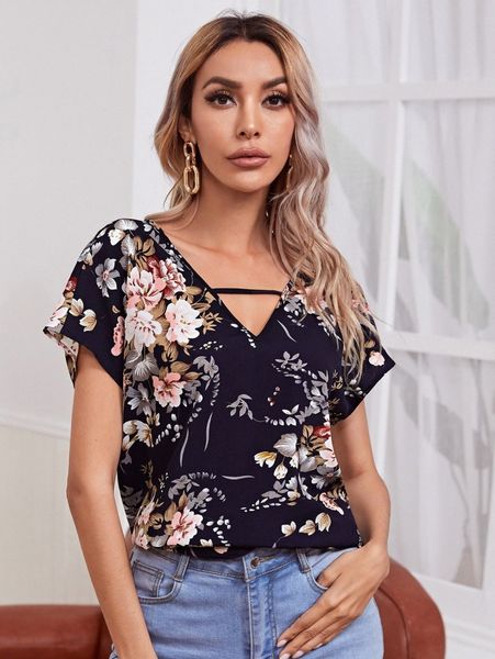 

v-neck batwing sleeve floral print v3sg#, White