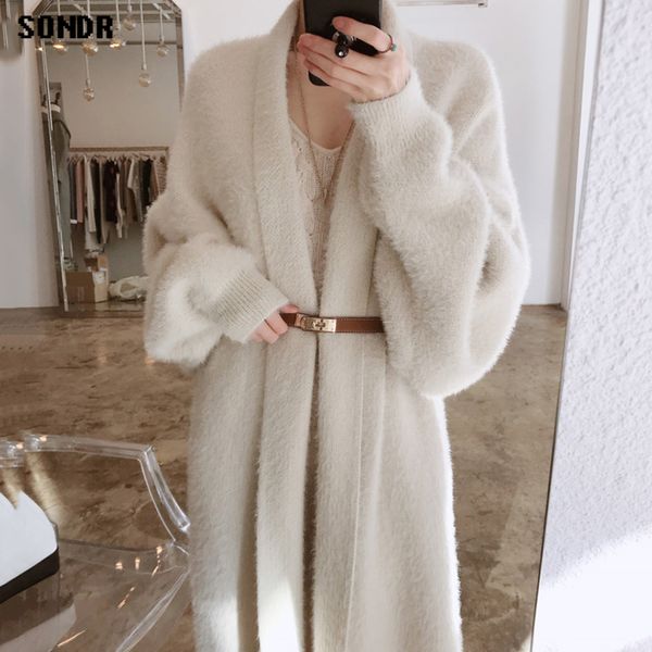 

one-piece korean cardigan jacket 2020 winter office ladies elegant loose long sleeves to keep warm mink mid-length knitting coat, Tan;black