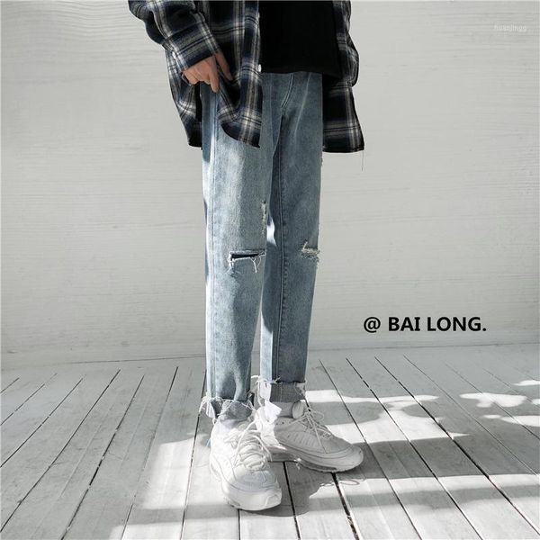 

2020 korean style men's classic holes stretch slim fit casual pants cargo pocket blue color jeans biker denim trousers -2xl1