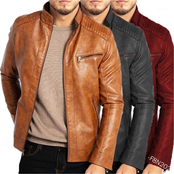 

casual slim long sleeve leather jackets man pu leather jackets fashion stand collar zipper punk cool coats designer, Black
