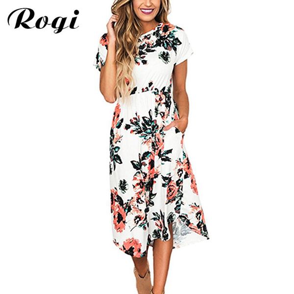 Rogi Vestidos de Verano 2020 Verão Impresso Boho Túnica Vestido De Manga Curta Casual Senhoras Senhoras Vestidos Brancos Robe Femme ETE T200604