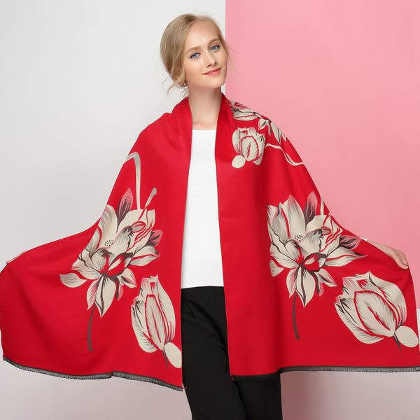 

2019 new classic lotus flowers dual-sided cashmere scarves air conditioning shawl female thick warm woman, Blue;gray