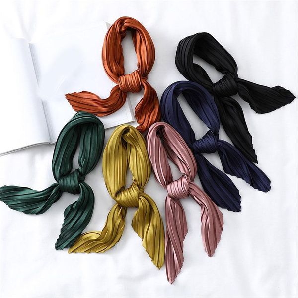 

2021 fashion satin pleated small ring scarf luxury solid color silk neck scarfs femme crinkle hair band scarves, Blue;gray