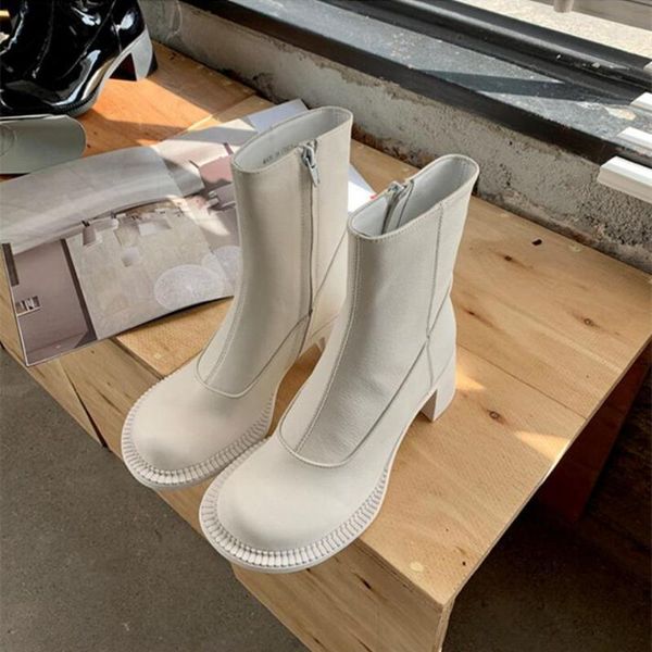 

botas mujer ретро патентный из натуральной кожи белого средние сапоги для женщин марка дизайнер коренастый высокий каблук осень зима коротки, Black