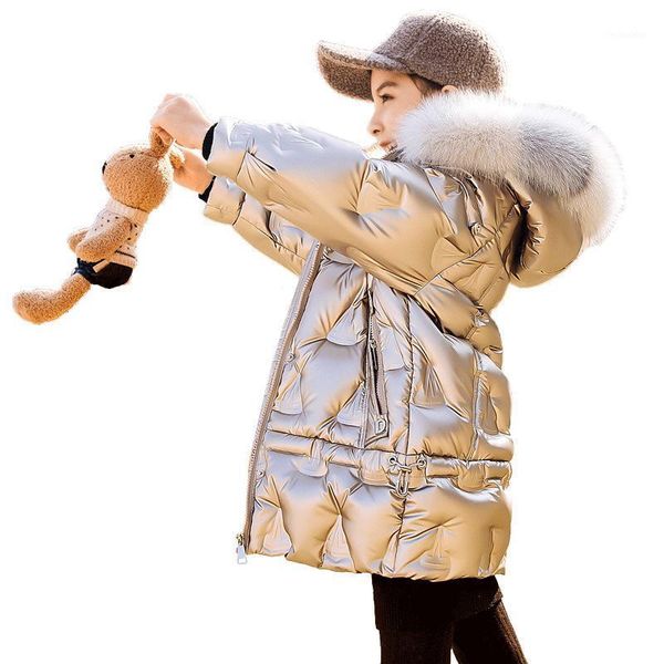 

olekid -30 degree russian winter girls coat hooded waterproof real fur girl shiny down jacket 5-14 years kids teenage girl parka1, Blue;gray