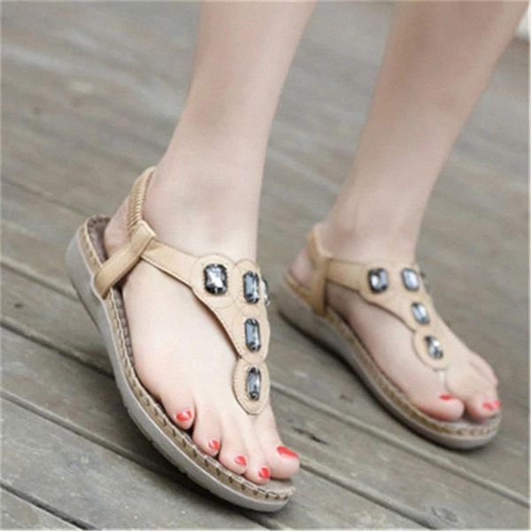 

bohemia style summer woman beach sandals rhinestones t-strap comfortable flat crystal sandals sweet girl soft flat flip flops #qs5l, Black