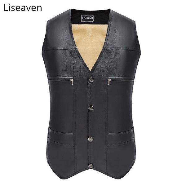 

liseaven autumn winter warm sleeveless jacket waistcoat pu leather men's vest fashion casual coats mens, Black;white
