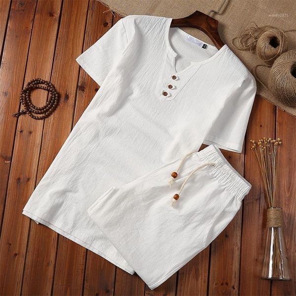 

men's tracksuits cotton linen chinese style men white shirt shorts set pullover button short sleeve shirts plus 5xl 2021 summer casual, Gray
