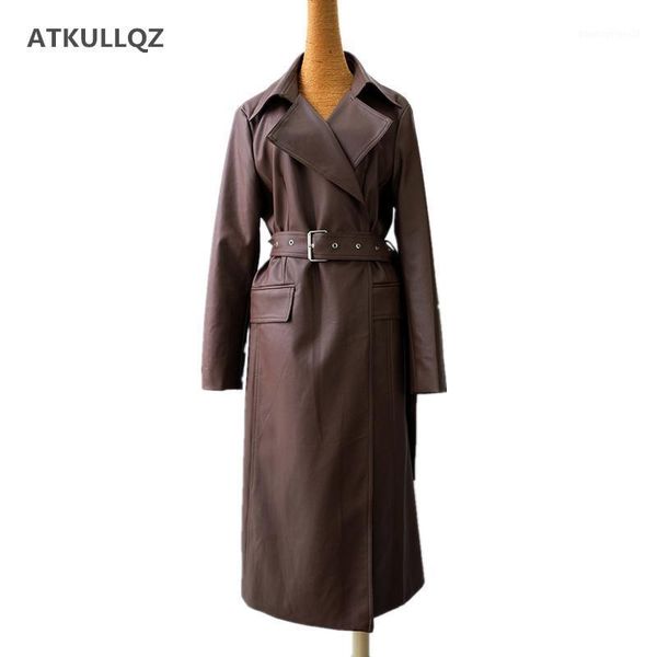 

women's leather & faux handsome cool personality in the long section of women loose thin belt pu windbreaker jacket 2021 autumn 1, Black
