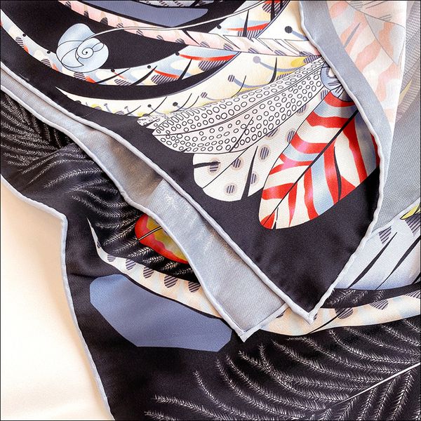 

women scarf foulard satin scarf female silk head scarves for ladies hand rolled scarf 90 foulard luxe curling "plumes en fete, Blue;gray