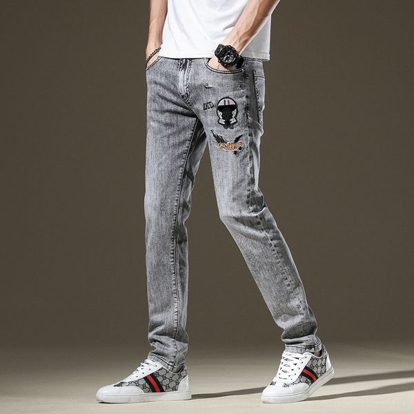 

umtjc 2020 spring and summer new jeans warrior smoky style and black jeans personalized zhangzi embroidery stretch slim fit feet trendy gray, Blue