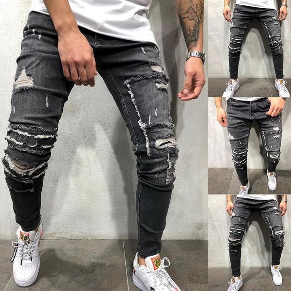 

new slim fit tight-fitting hole jeans men hombre skinny jeans buttom denim pencil pants plus size autumn trousers male, Blue